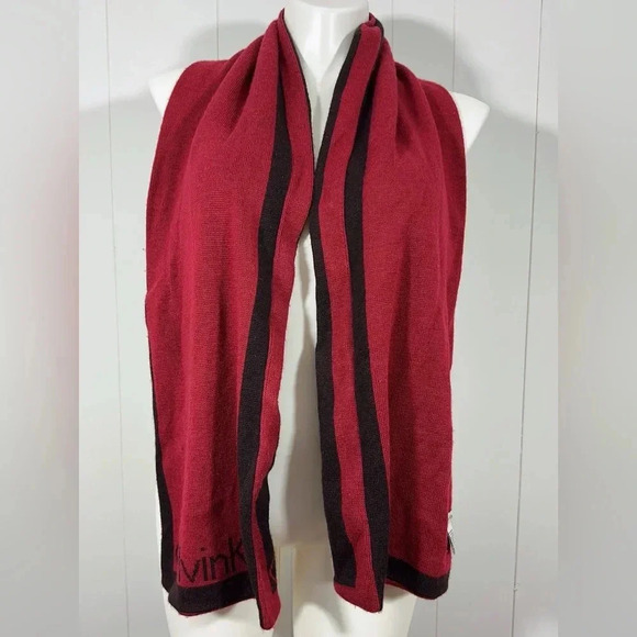 Calvin Klein Burgundy Red Knit Scarf Logo 64”x10” - Picture 1 of 5